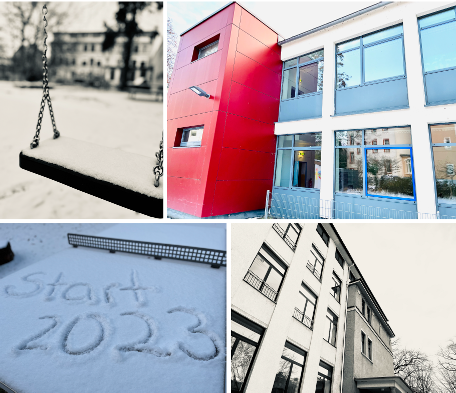Schule - Wintergruß (Schulgebäude in Farbe und Schwarz-Weiß); Schaukel mit Schnee, Tischtennisplatte mit "Start 2023" in Schnee geschrieben)